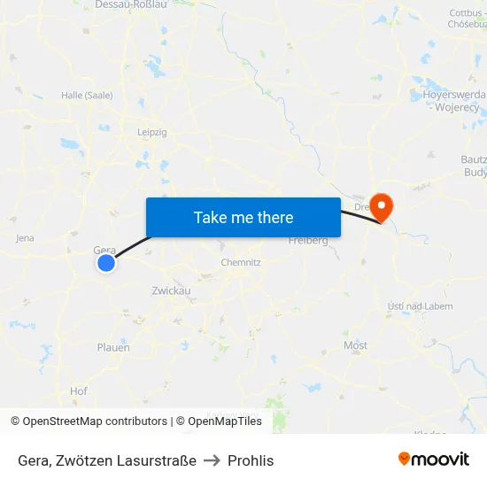 Gera, Zwötzen Lasurstraße to Prohlis map
