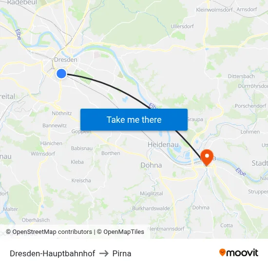 Dresden-Hauptbahnhof to Pirna map