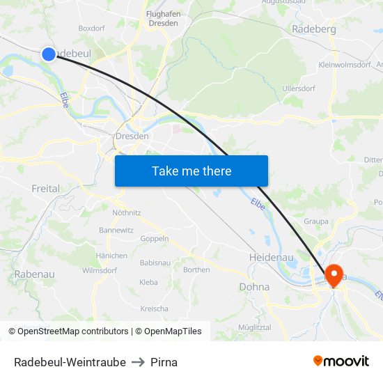 Radebeul-Weintraube to Pirna map