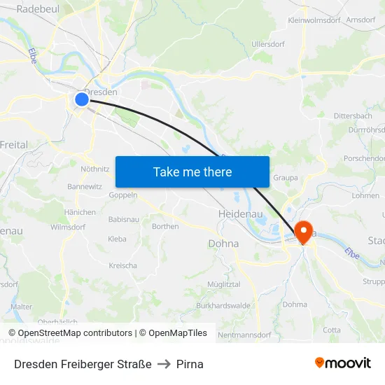 Dresden Freiberger Straße to Pirna map