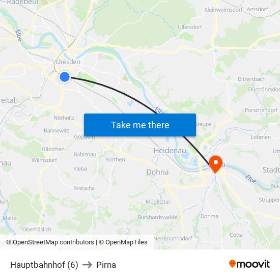 Hauptbahnhof (6) to Pirna map