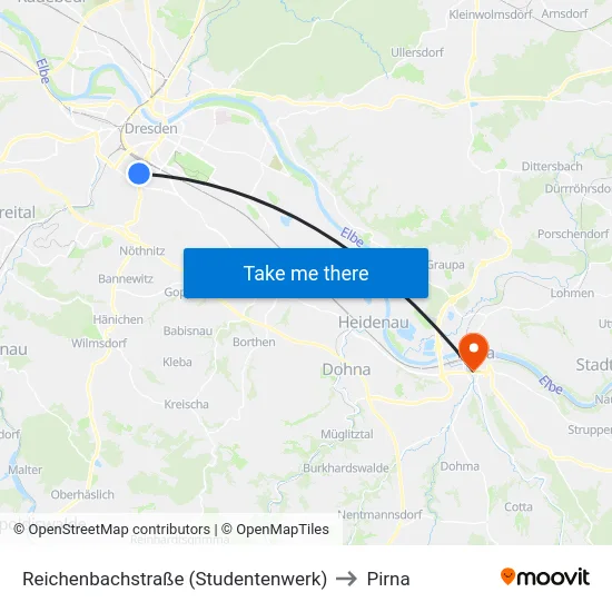 Reichenbachstraße (Studentenwerk) to Pirna map