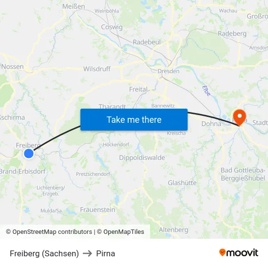 Freiberg (Sachsen) to Pirna map