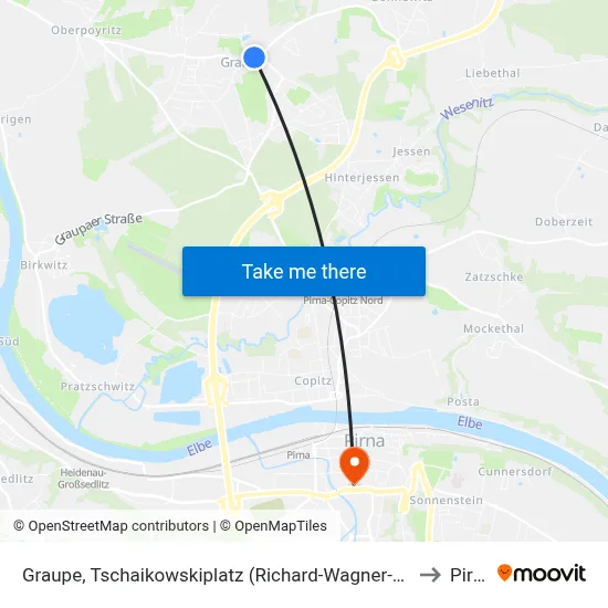 Graupe, Tschaikowskiplatz (Richard-Wagner-Stätten) to Pirna map