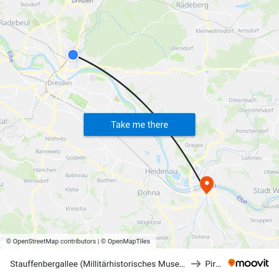 Stauffenbergallee (Millitärhistorisches Museum) to Pirna map