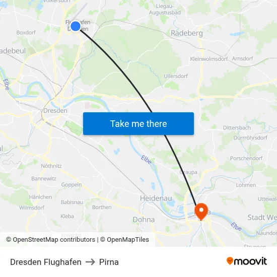 Dresden Flughafen to Pirna map