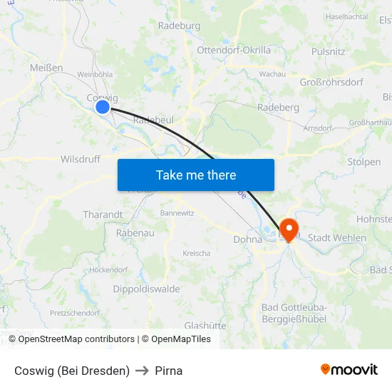 Coswig (Bei Dresden) to Pirna map