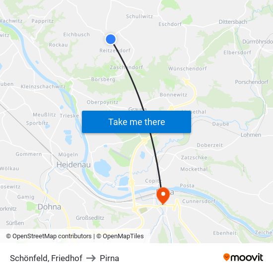 Schönfeld, Friedhof to Pirna map