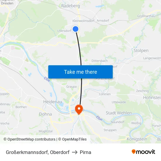 Großerkmannsdorf, Oberdorf to Pirna map