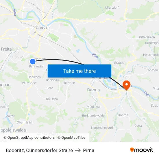Boderitz, Cunnersdorfer Straße to Pirna map