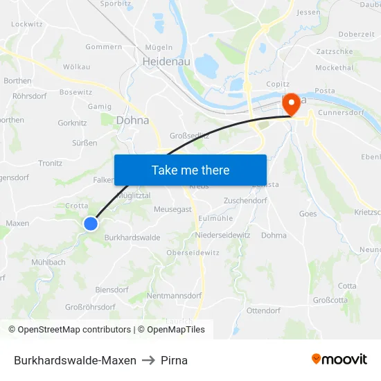 Burkhardswalde-Maxen to Pirna map
