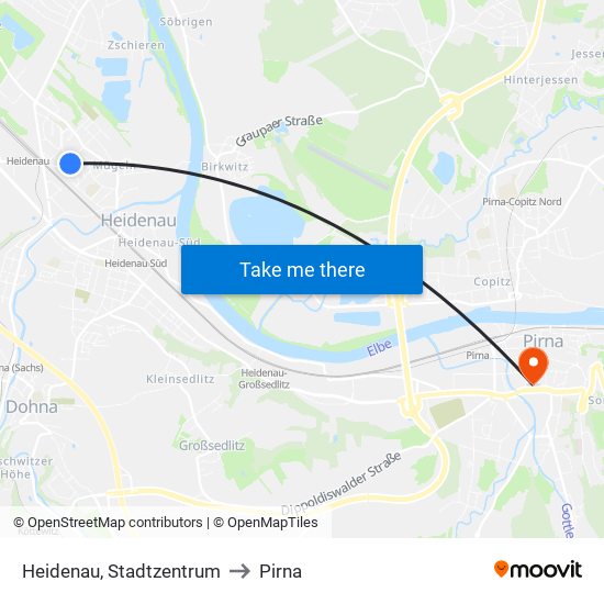 Heidenau, Stadtzentrum to Pirna map