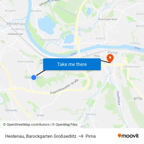 Heidenau, Barockgarten Großsedlitz to Pirna map