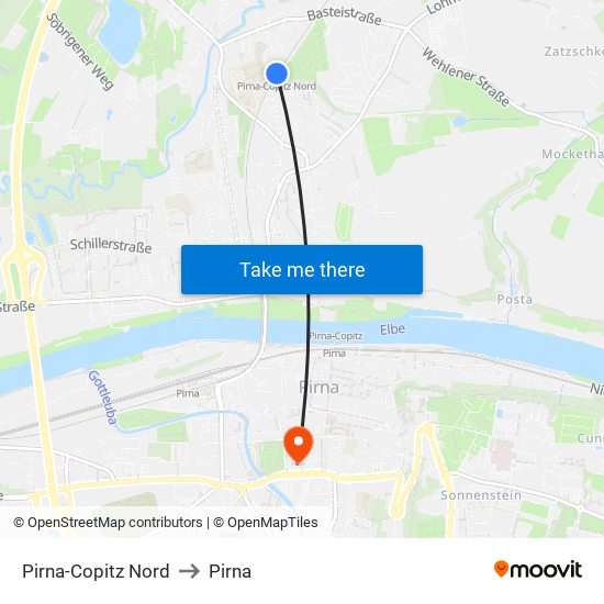 Pirna-Copitz Nord to Pirna map