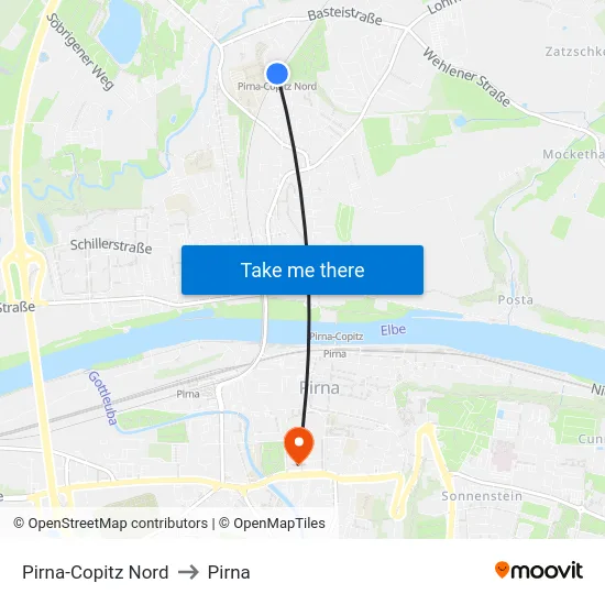 Pirna-Copitz Nord to Pirna map