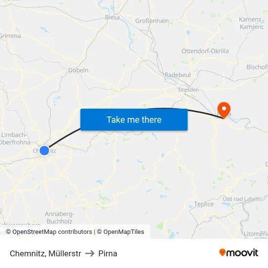 Chemnitz, Müllerstr to Pirna map