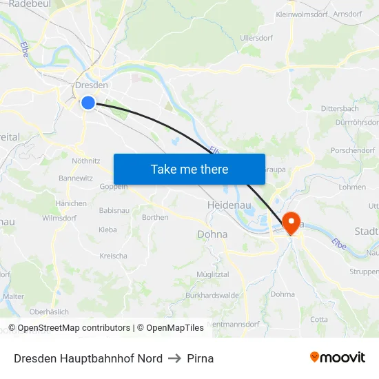 Dresden Hauptbahnhof Nord to Pirna map