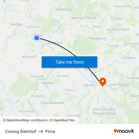Coswig Bahnhof to Pirna map