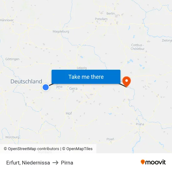 Erfurt, Niedernissa to Pirna map