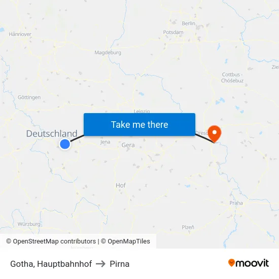 Gotha, Hauptbahnhof to Pirna map