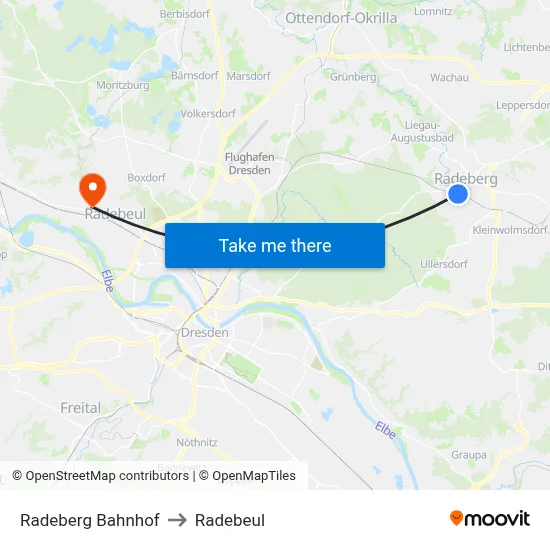 Radeberg Bahnhof to Radebeul map