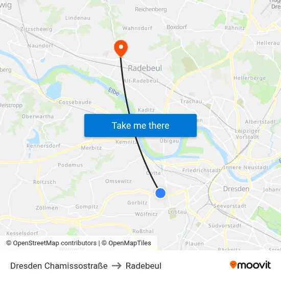 Dresden Chamissostraße to Radebeul map