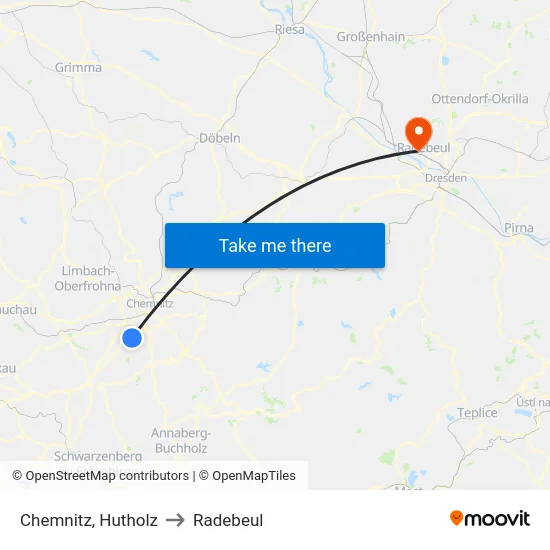 Chemnitz, Hutholz to Radebeul map