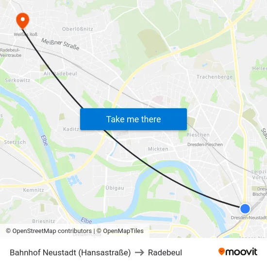 Bahnhof Neustadt (Hansastraße) to Radebeul map