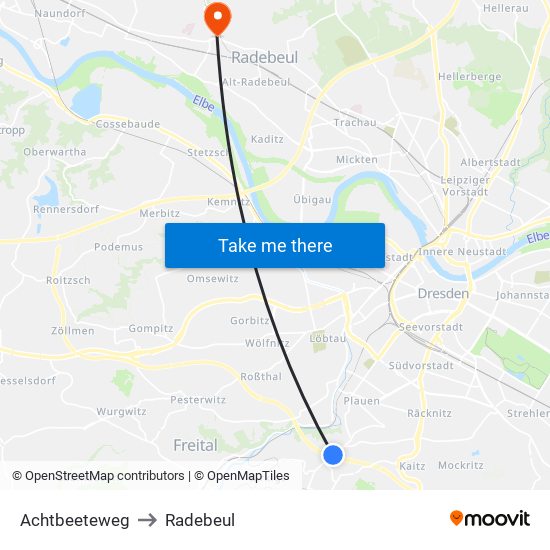 Achtbeeteweg to Radebeul map