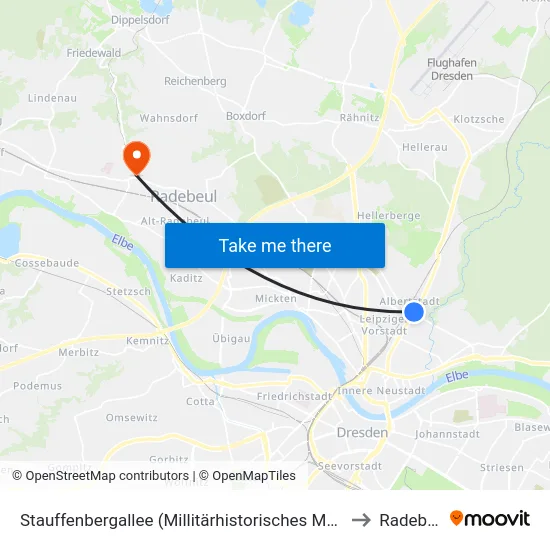 Stauffenbergallee (Millitärhistorisches Museum) to Radebeul map