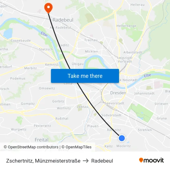 Zschertnitz, Münzmeisterstraße to Radebeul map