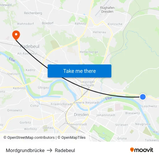Mordgrundbrücke to Radebeul map
