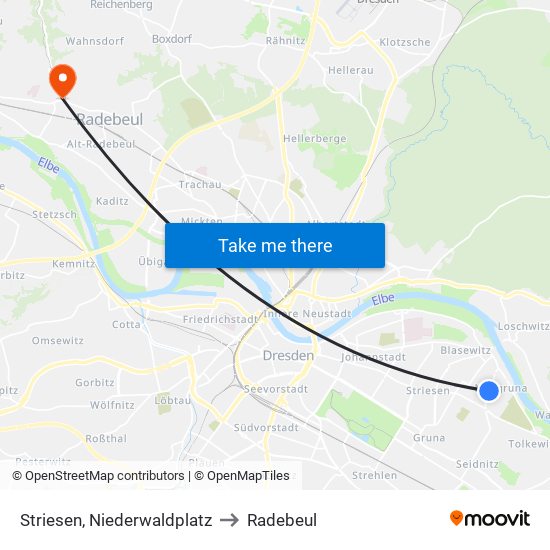 Striesen, Niederwaldplatz to Radebeul map