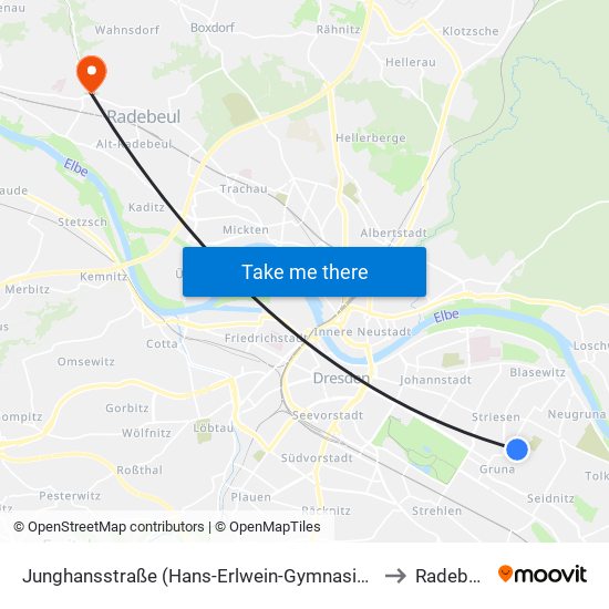 Junghansstraße (Hans-Erlwein-Gymnasium) to Radebeul map