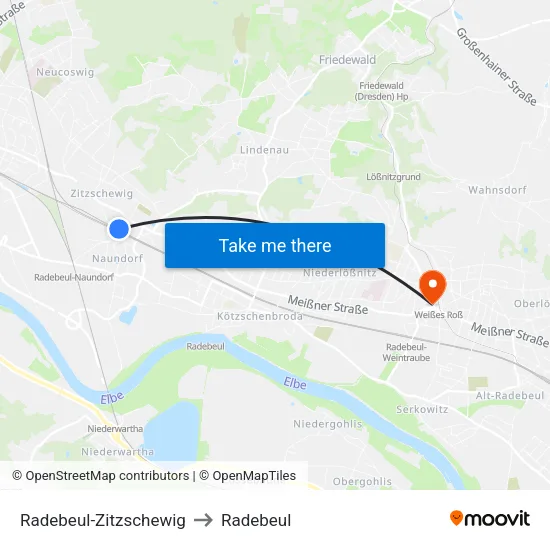 Radebeul-Zitzschewig to Radebeul map