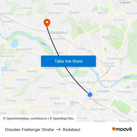 Dresden Freiberger Straße to Radebeul map