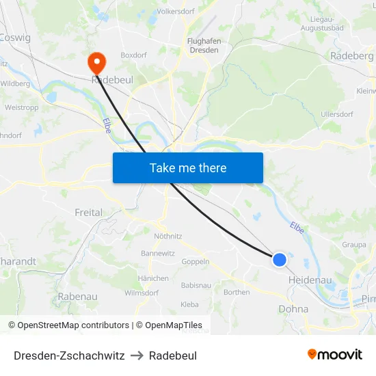 Dresden-Zschachwitz to Radebeul map