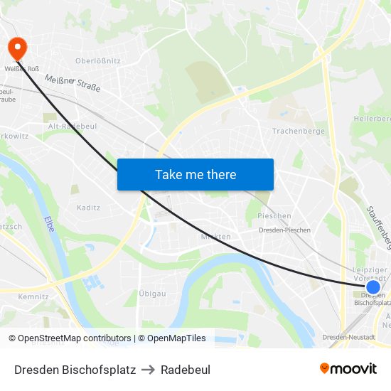 Dresden Bischofsplatz to Radebeul map