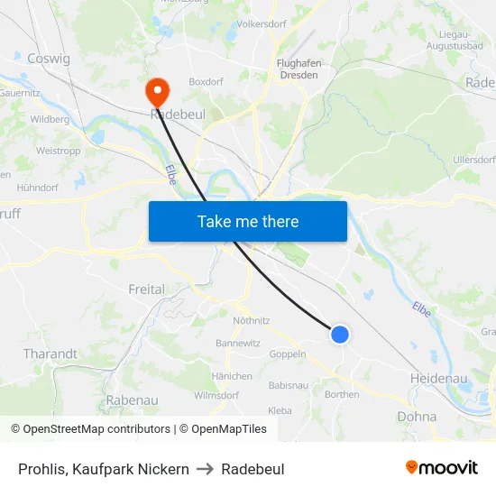 Prohlis, Kaufpark Nickern to Radebeul map