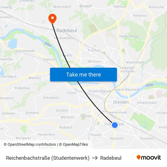Reichenbachstraße (Studentenwerk) to Radebeul map