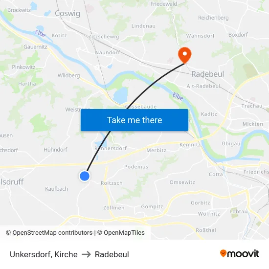 Unkersdorf, Kirche to Radebeul map