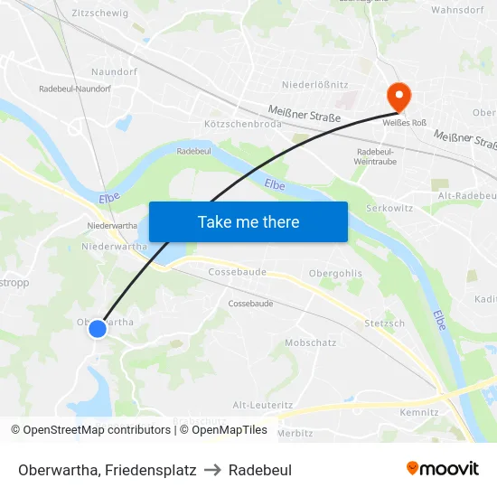 Oberwartha, Friedensplatz to Radebeul map