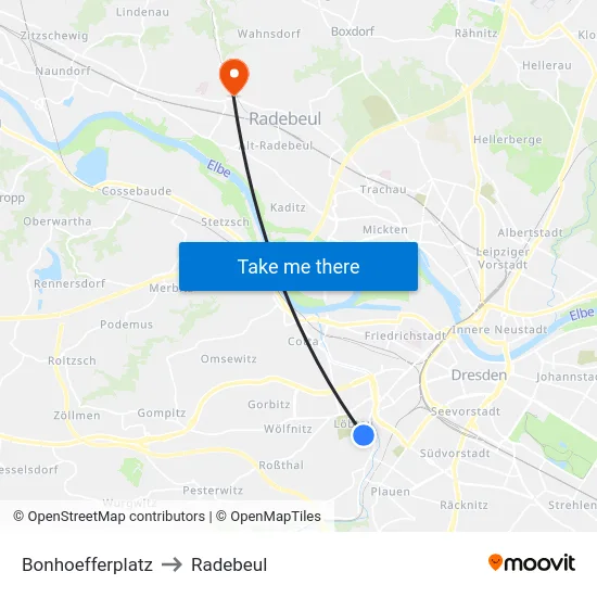 Bonhoefferplatz to Radebeul map