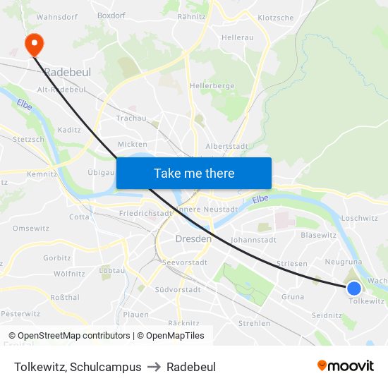 Tolkewitz, Schulcampus to Radebeul map