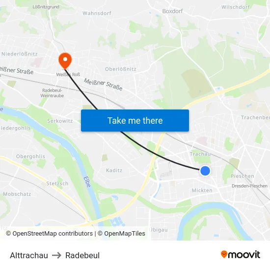Alttrachau to Radebeul map