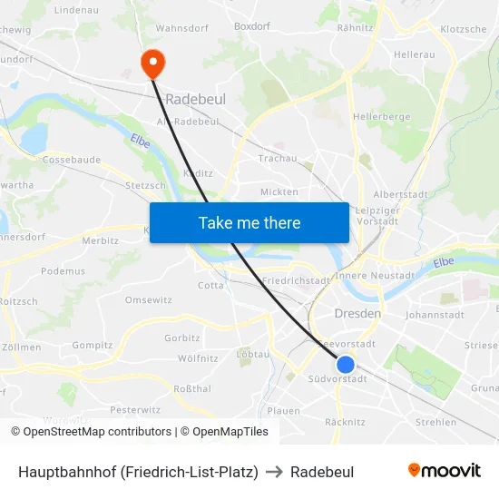 Hauptbahnhof (Friedrich-List-Platz) to Radebeul map