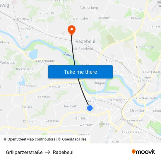 Grillparzerstraße to Radebeul map