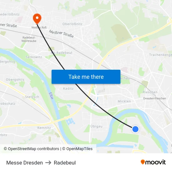 Messe Dresden to Radebeul map