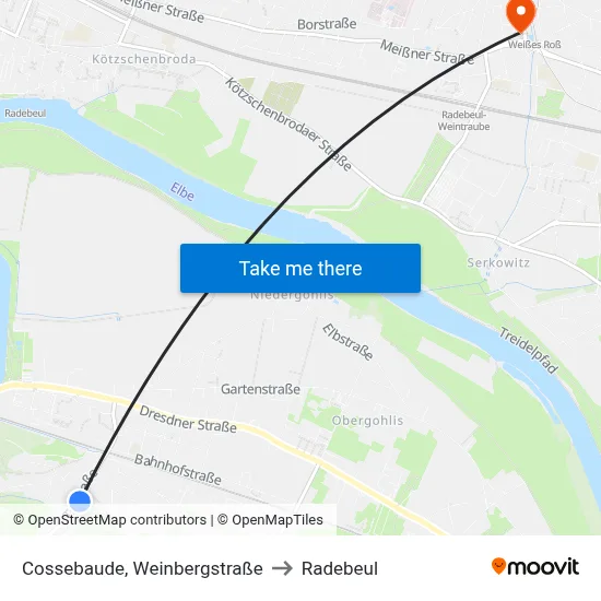 Cossebaude, Weinbergstraße to Radebeul map