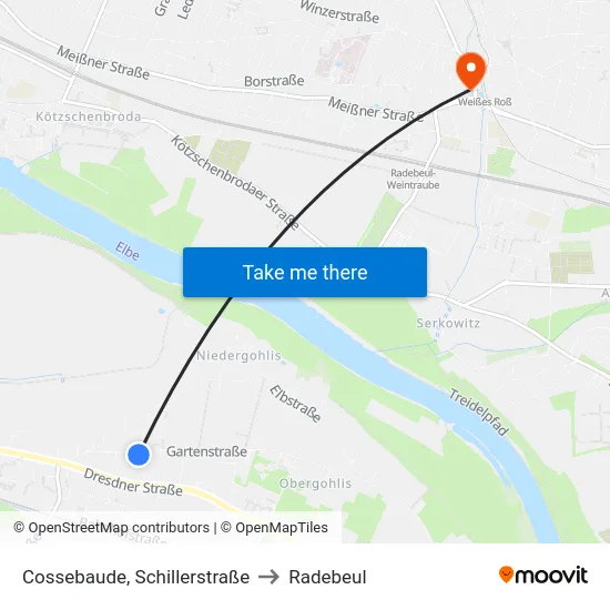 Cossebaude, Schillerstraße to Radebeul map
